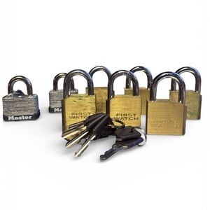 Lot Padlocks  W Keys Tested Work 6 VTG First Watch Brass 2 Master Lock Storage